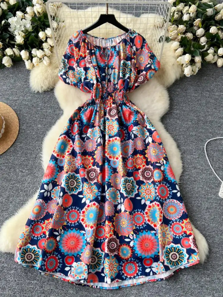 French Retro Women Print Vacation Long Dress 2024 Summer High Waist Round Neck Short Sleeved Lace-up Pleated Dress Bohemian Chic