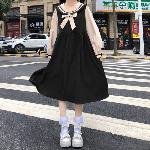 Load image into Gallery viewer, Japanese Sweet Style Kawaii Lolita Dress 2021 Autumn Soft Sailor Collar Ruffle Long Sleeve Dresses College Student Women
