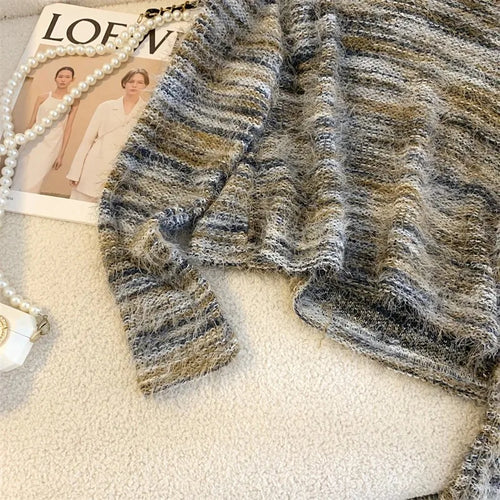 Load image into Gallery viewer, Autumn Winter Vintage O-neck Long Sleeve Casual Mink Striped Patchwork Sweater Women Knitted Pullovers Short Top Boho French Y2k
