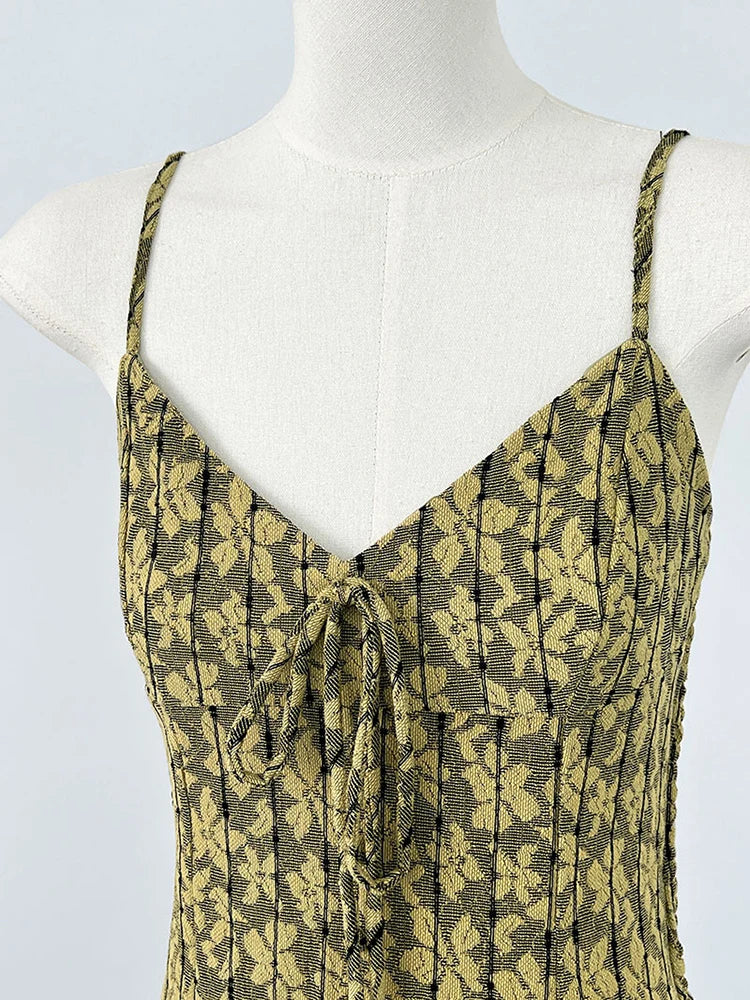 Women Green Printed Bandage Long Spaghetti Strap Dress New V-Neck Sleeveless Fashion Tide Spring Summer 2025 1DJ1311