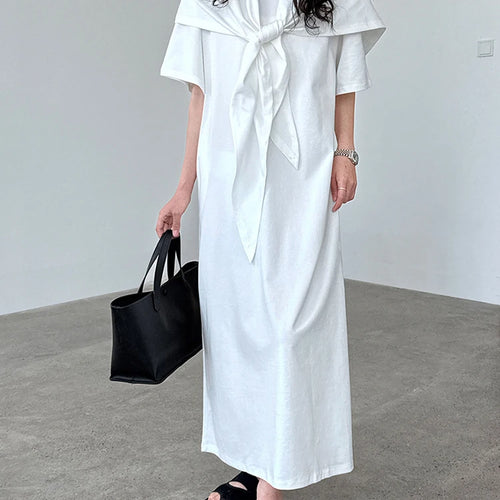Load image into Gallery viewer, Women White Bandage Irregular Big Size Midi Dress New Round Neck Short Sleeve Fashion Tide Spring Summer 2025 1DJ1263
