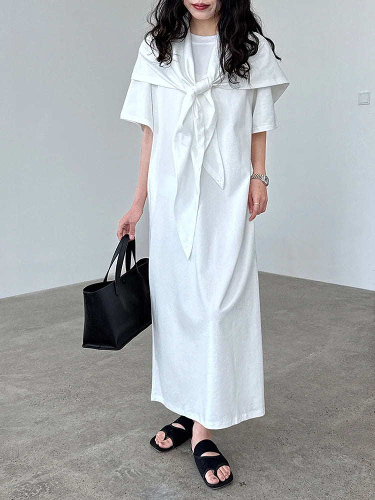 Women White Bandage Irregular Big Size Midi Dress New Round Neck Short Sleeve Fashion Tide Spring Summer 2025 1DJ1263
