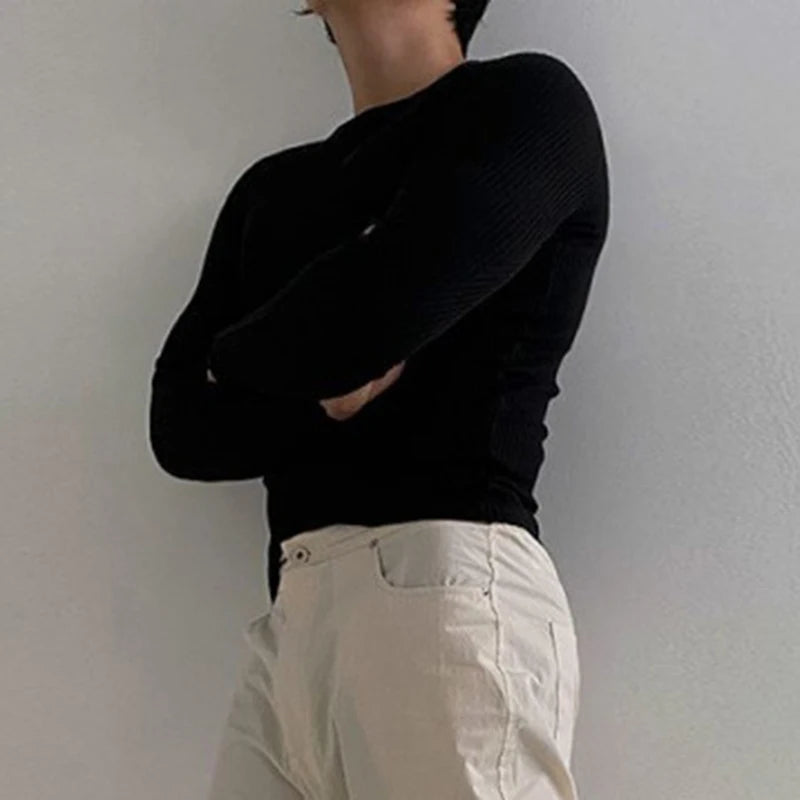 Men's T-shirts New Simple Slim Fit Long Sleeved Trendy Men's Spring Solid Color Round Neck Korean Design Clothing 9W1439