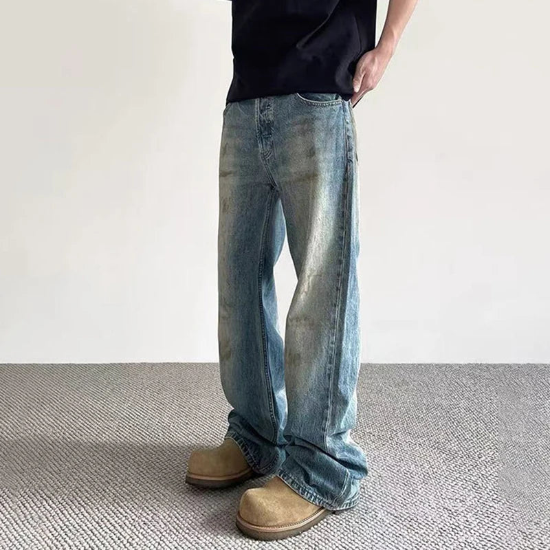 American Male Jeans High Street Design Tie Dye Make Old Style Denim Pants Slight Flared Fashion Men's Trousers 9W1481