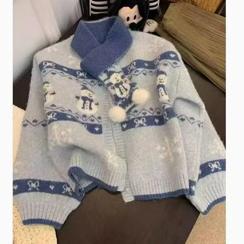 Load image into Gallery viewer, Autumn Winter Women 2024 Fashion Patchwork Single Breasted Knit Cardigan Sweater Ladies Round Neck Long Sleeved Tops And Scarf
