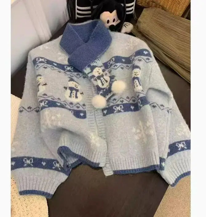 Autumn Winter Women 2024 Fashion Patchwork Single Breasted Knit Cardigan Sweater Ladies Round Neck Long Sleeved Tops And Scarf