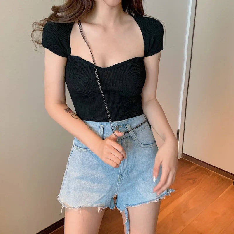 y2k Knit Top Women Aesthetic Clothes Solid Color V Neck Short Sleeve Ribbed T Shirt Slim Fit Clothes Summer Streetwear