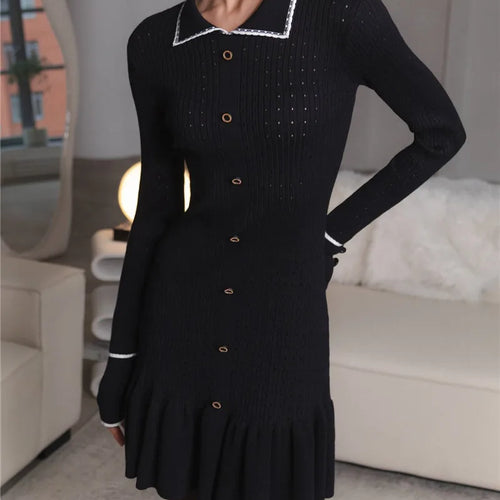 Load image into Gallery viewer, Autumn Long Sleeve Knit Dress For Women Fashion Lapel Single-btrasted Button High Waist Ruffled Mini Dress Knitwear
