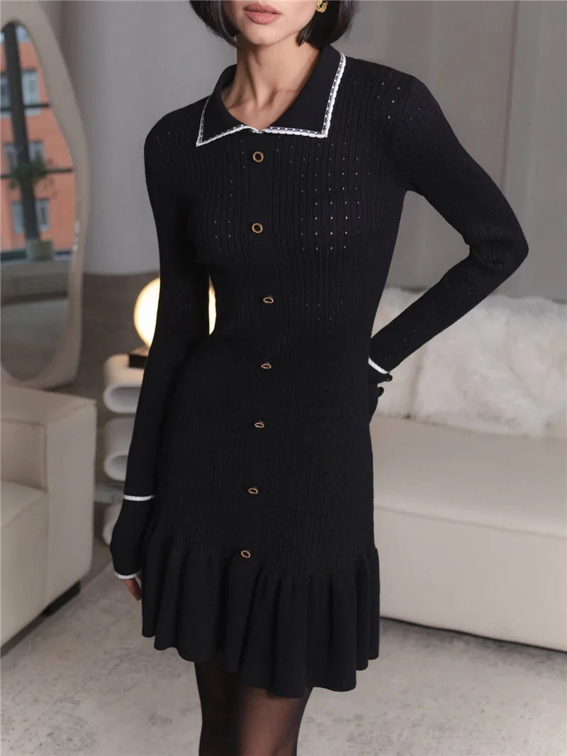 Autumn Long Sleeve Knit Dress For Women Fashion Lapel Single-btrasted Button High Waist Ruffled Mini Dress Knitwear