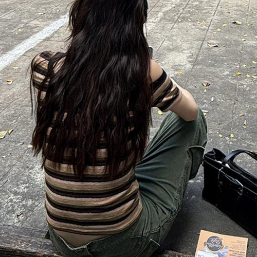 Load image into Gallery viewer, Women Harajuku Knitted Contrast Color Stripe Tops Y2k Aesthetic Sexy Slash Neck Tees Summer Slim Fit Streetwear Grunge Tshirts
