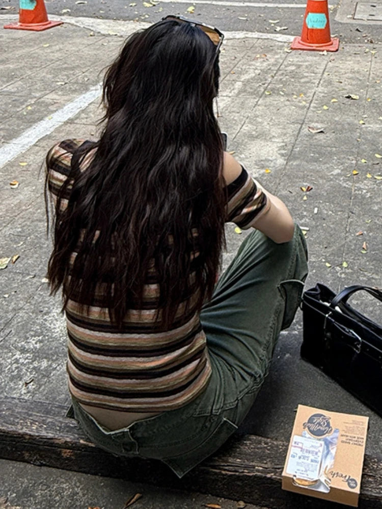 Women Harajuku Knitted Contrast Color Stripe Tops Y2k Aesthetic Sexy Slash Neck Tees Summer Slim Fit Streetwear Grunge Tshirts