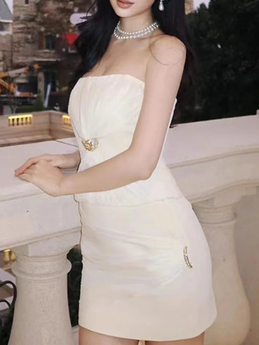 Solid Two Piece Set For Women Slash Neck Vests High Waist Temperament Mini Skirts Elegant Slimming Sets Female New