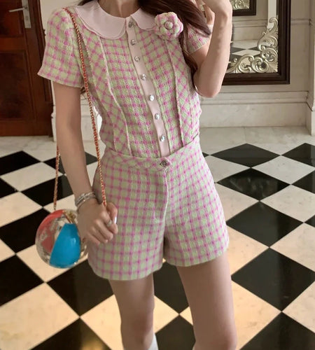 Spliced Plaid Two Piece Sets for Women Peter Pan Collar Short Sleeves Patchwork Button Top Strap Shorts Set Female