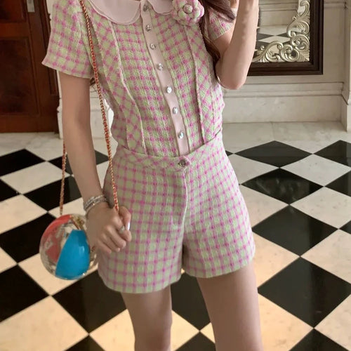 Load image into Gallery viewer, Spliced Plaid Two Piece Sets for Women Peter Pan Collar Short Sleeves Patchwork Button Top Strap Shorts Set Female
