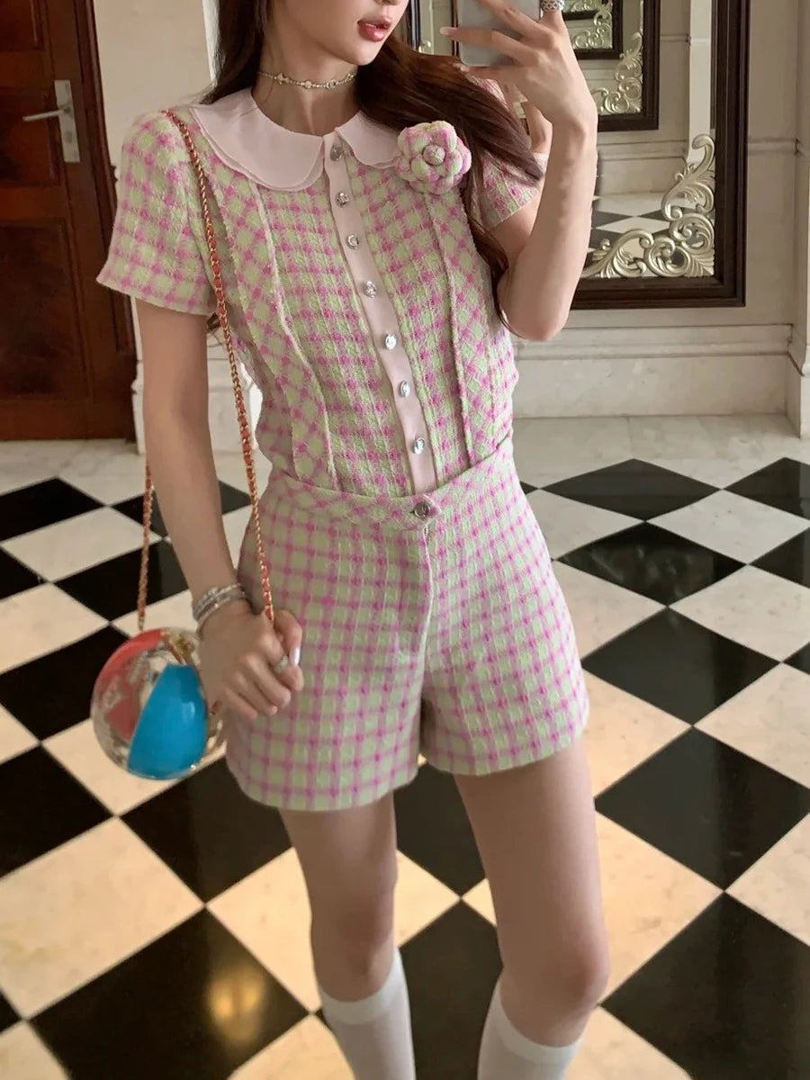 Spliced Plaid Two Piece Sets for Women Peter Pan Collar Short Sleeves Patchwork Button Top Strap Shorts Set Female