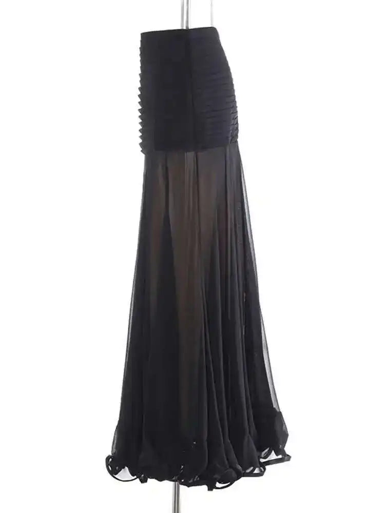 High Waist Black Pleated Chiffon Mesh Elegant Long Half-body Skirt Women Fashion Tide New Spring Autumn 2025 1DH9156