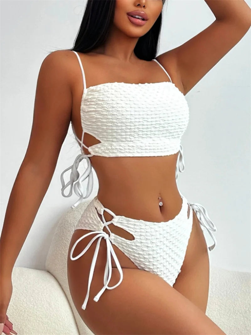 Strappy Bikini Set Lace Up Bandeau Women Swimwear 2024 Sexy Women Swimsuit High Waist Biquini Bandage Bathing Suit