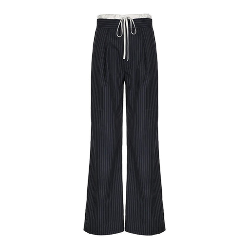 Load image into Gallery viewer, Fashion Chic Stripe Women Trousers Elegant Patched Drawstring Full Length Pants Contrast Color Office Ladies Capris
