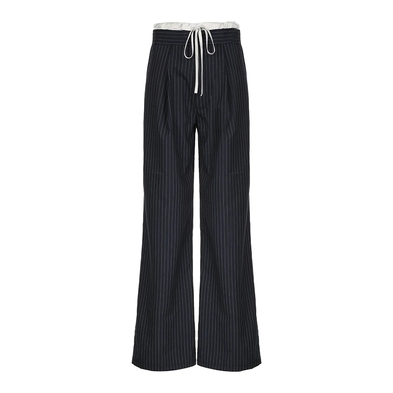 Fashion Chic Stripe Women Trousers Elegant Patched Drawstring Full Length Pants Contrast Color Office Ladies Capris