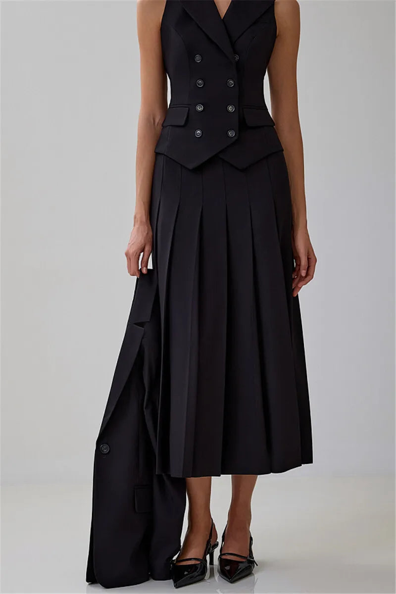 Autumn Two Piece Sets Women Double-breasted Vest And Split Skirt Matching Sets Fashion Long Pleated Skirt Two Piece Set