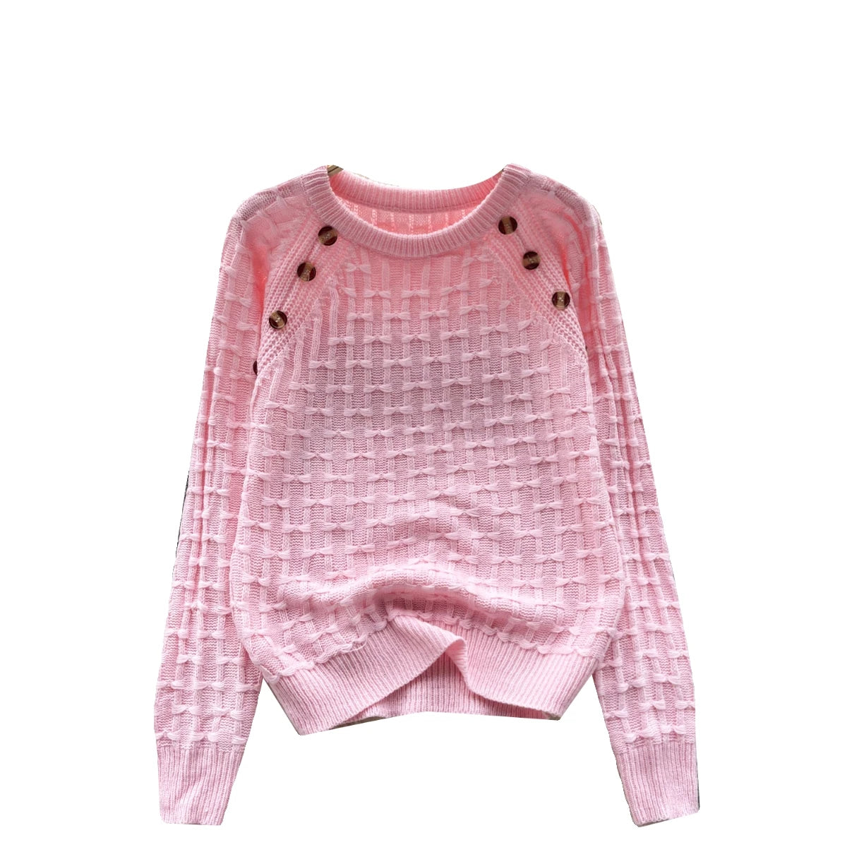 Autumn Winter White Long Sleeved Versatile Button Sweater Vintage Sweet Bow Pink O Neck Knitted Loose Pullover Tops Women Simple