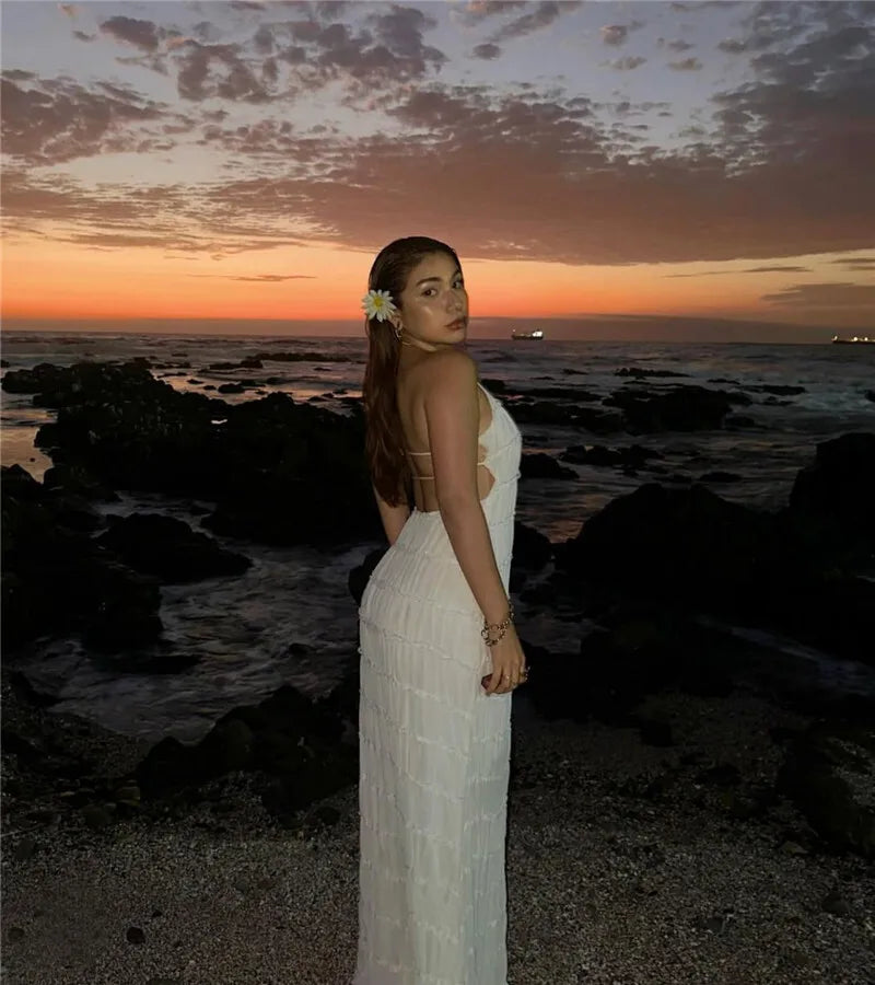 Halter Backless Sexy Maxi Dress For Women Spring Summer New Lace-up Sleeveless Pleated Beach Holiday Long Dress Elegant