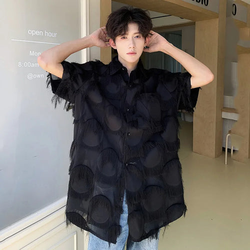 Load image into Gallery viewer, Summer Mesh Tassel Male Shirt Niche Short Sleeve Loose Fitting Shirts 2024 Solid Color Lapel Men Tops Fashion 24E1085
