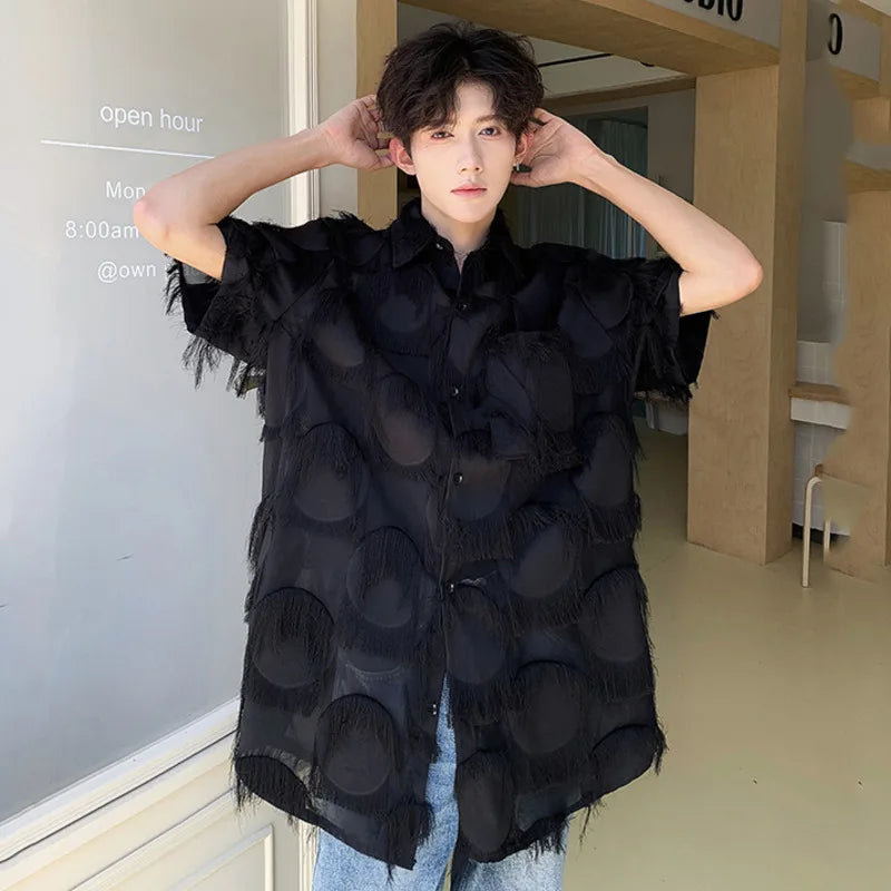 Summer Mesh Tassel Male Shirt Niche Short Sleeve Loose Fitting Shirts 2024 Solid Color Lapel Men Tops Fashion 24E1085