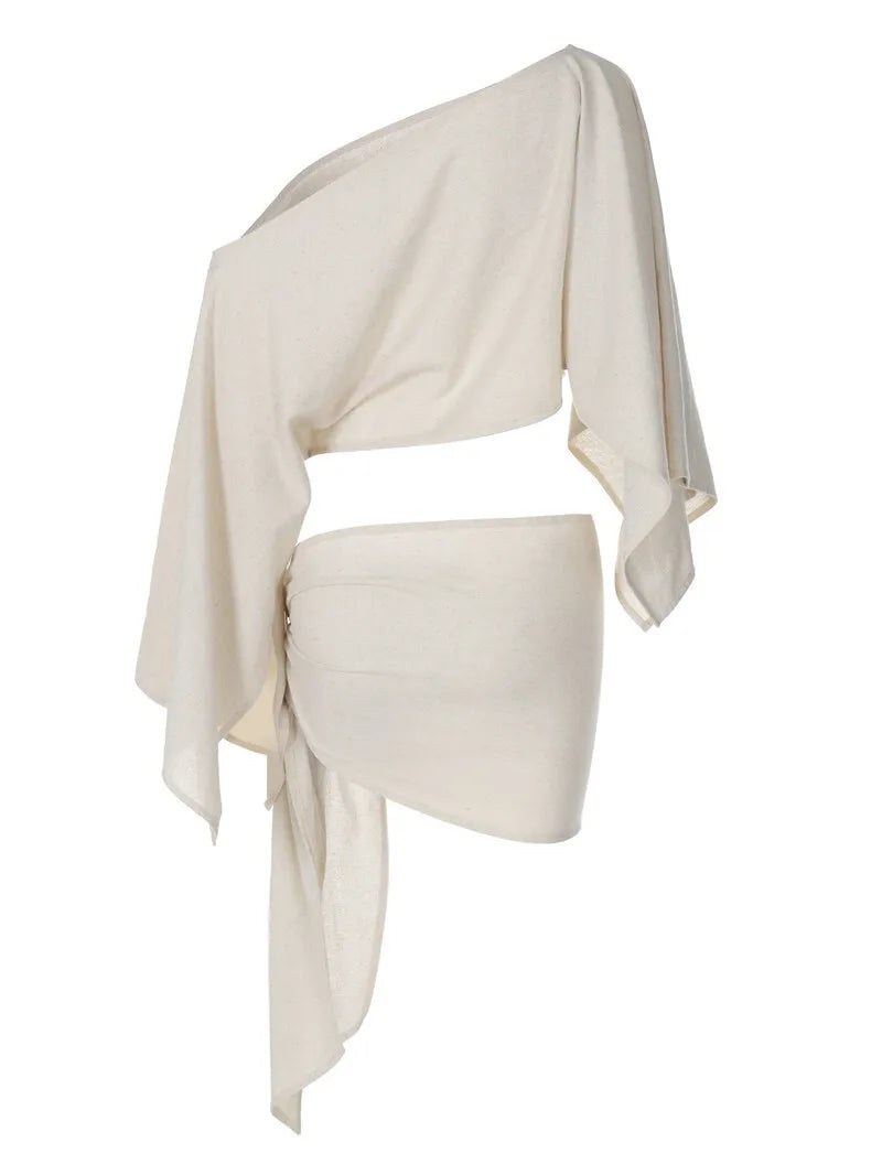 Sexy Skirt Two Piece Sets Women Skew Collar Cape Sleeve Crop Tops And Hot Skirt Matching Sets Sexy Beach Two Piece Set