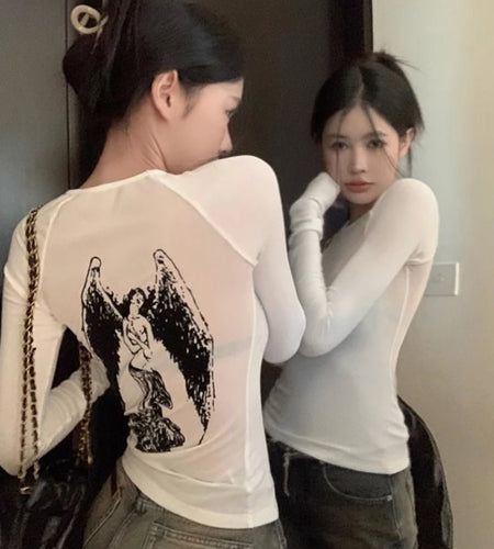See Through Sexy Gothic Tshirts Y2k Aesthetic Angel Gauze Print Crop Top Women Tees Casual Grunge Harajuku Slim T-shirt Femme