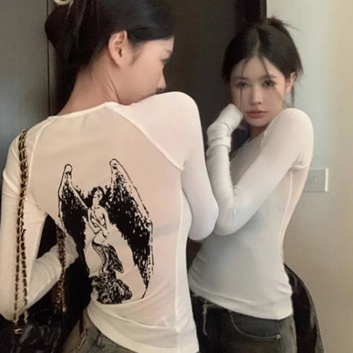 Load image into Gallery viewer, See Through Sexy Gothic Tshirts Y2k Aesthetic Angel Gauze Print Crop Top Women Tees Casual Grunge Harajuku Slim T-shirt Femme
