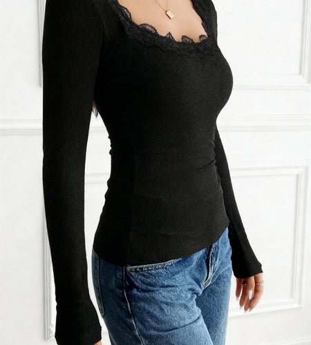 y2k Lace Trim Tops Women Coquette Clothing Solid Color Long Sleeve Ribbed T Shirts 2000s Aesthetic Clothes Streetwear