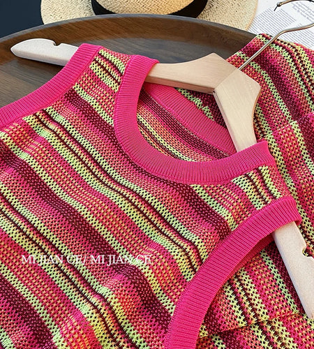 Korean Fashion Summer Pink Striped Patchwork Elegant Round Neck Slim Vest Long Dresses For Women Sleeveless Sexy Chic Dress 2025