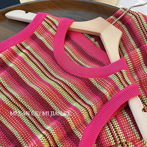 Load image into Gallery viewer, Korean Fashion Summer Pink Striped Patchwork Elegant Round Neck Slim Vest Long Dresses For Women Sleeveless Sexy Chic Dress 2025
