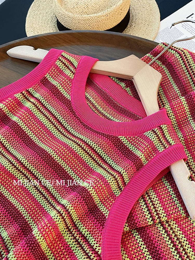 Korean Fashion Summer Pink Striped Patchwork Elegant Round Neck Slim Vest Long Dresses For Women Sleeveless Sexy Chic Dress 2025