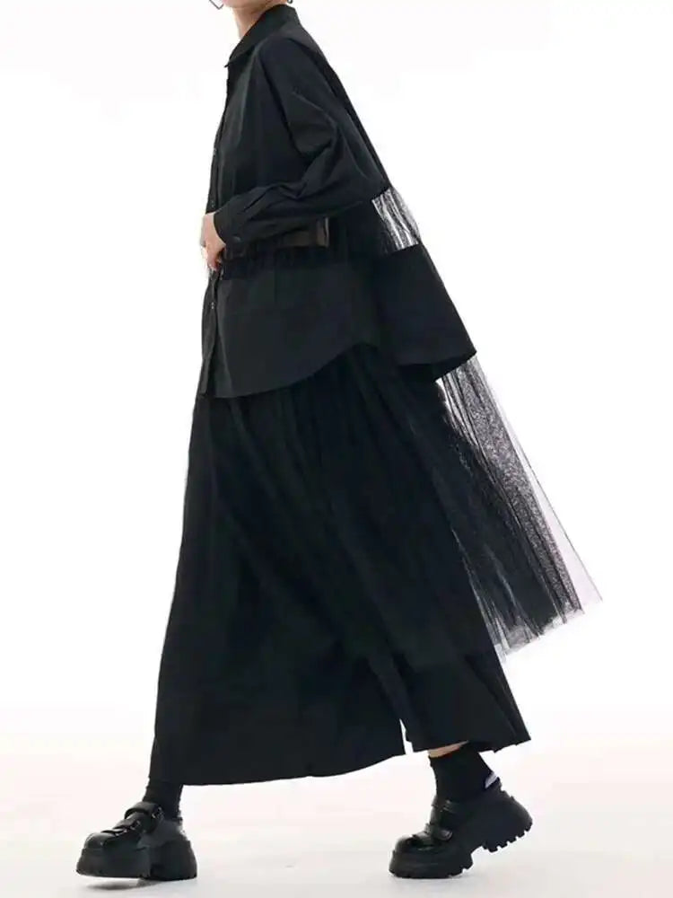 Women Black Mesh Perspective Big Size Midi Shirt Dress New Lapel Long Sleeve Fashion Tide Spring Autumn 2025 1DJ0140