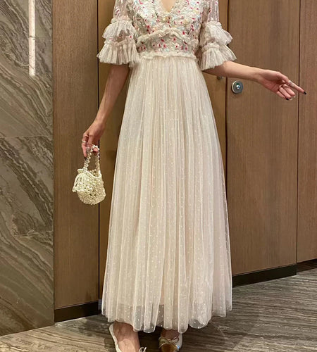 Hit Color Spliced Embroidery Elegant Long Dresses for Women V Neck Half Sleeves Patchwork Folds Dress Female New