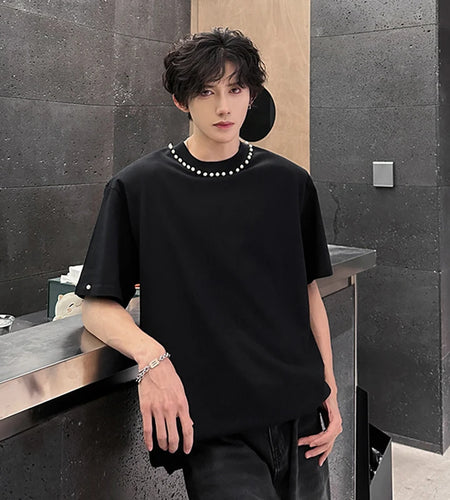 Men's T-shirts Short Sleeve Trendy Round Neck Rivet Pearl Design New Summer Korean Style Pullover Male Loose Tees 9W1913