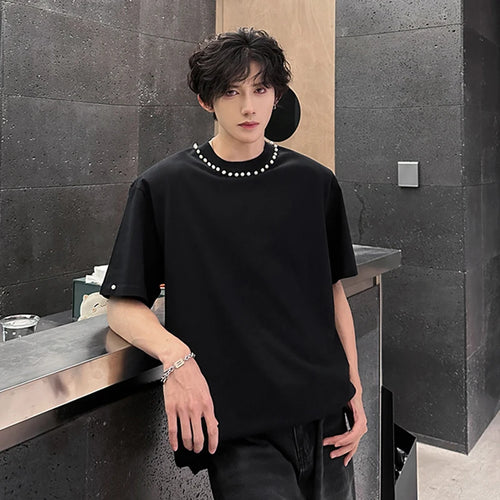 Load image into Gallery viewer, Men's T-shirts Short Sleeve Trendy Round Neck Rivet Pearl Design New Summer Korean Style Pullover Male Loose Tees 9W1913
