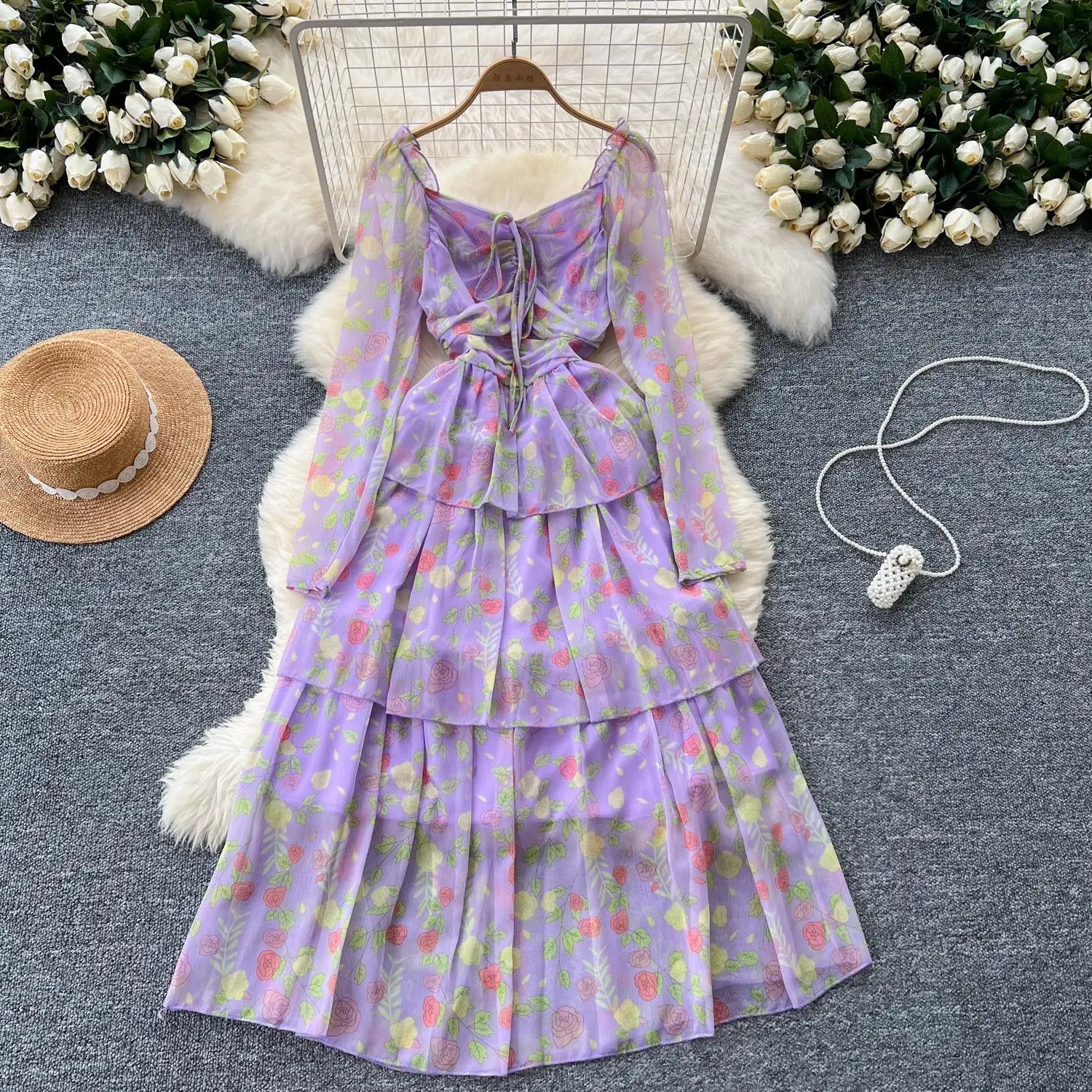 Vintage Autumn Flower Elegant Square Neck Lace-up Cake Dress Women Long Sleeves Festival Pleated Sundress Fashion Bohemian Trend
