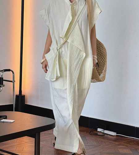 Women  Beige Ruffles Big Size Elelgant Long Dress New Stand Collar Short Sleeve Fashion Tide Spring Summer 2025 1DJ1406