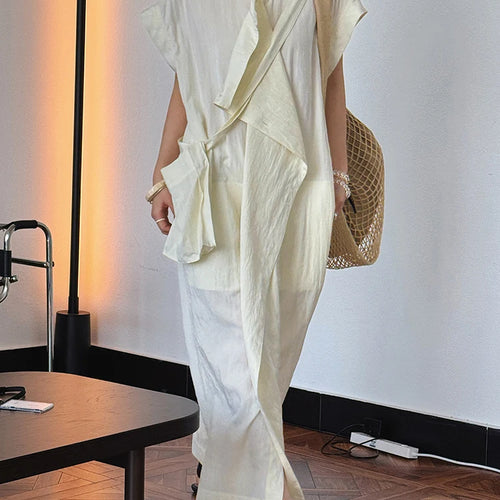 Load image into Gallery viewer, Women  Beige Ruffles Big Size Elelgant Long Dress New Stand Collar Short Sleeve Fashion Tide Spring Summer 2025 1DJ1406
