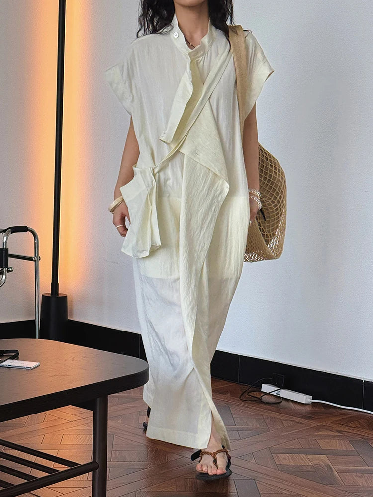 Women  Beige Ruffles Big Size Elelgant Long Dress New Stand Collar Short Sleeve Fashion Tide Spring Summer 2025 1DJ1406