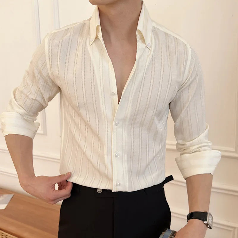 Men's New Spring Shirts Korean Striped Design Loose Long Sleeve Male Clothing Casual Single Breasted Fashion Menwear 9W1576