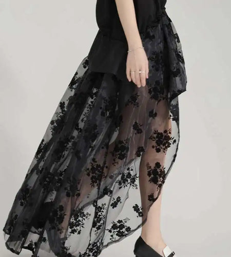 High Waist Black Lace Organza Perspective A-line Half-body Skirt Women Fashion Tide New Spring Autumn 2025 1DH6041