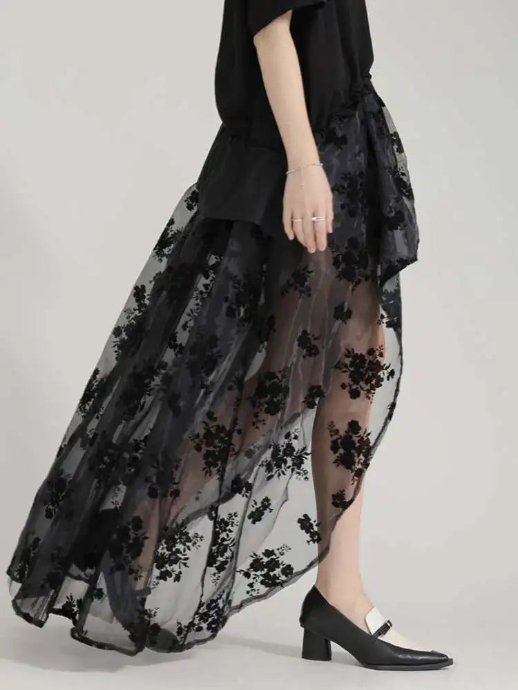 High Waist Black Lace Organza Perspective A-line Half-body Skirt Women Fashion Tide New Spring Autumn 2025 1DH6041
