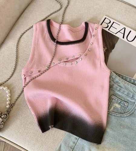 Korean Blue Pink Patchwork Hollow Out Slim Short Knitted Vest Summer Women Round Neck Sleeveless Holiday Pullover Tops 2025 Chic