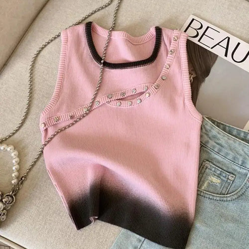 Load image into Gallery viewer, Korean Blue Pink Patchwork Hollow Out Slim Short Knitted Vest Summer Women Round Neck Sleeveless Holiday Pullover Tops 2025 Chic
