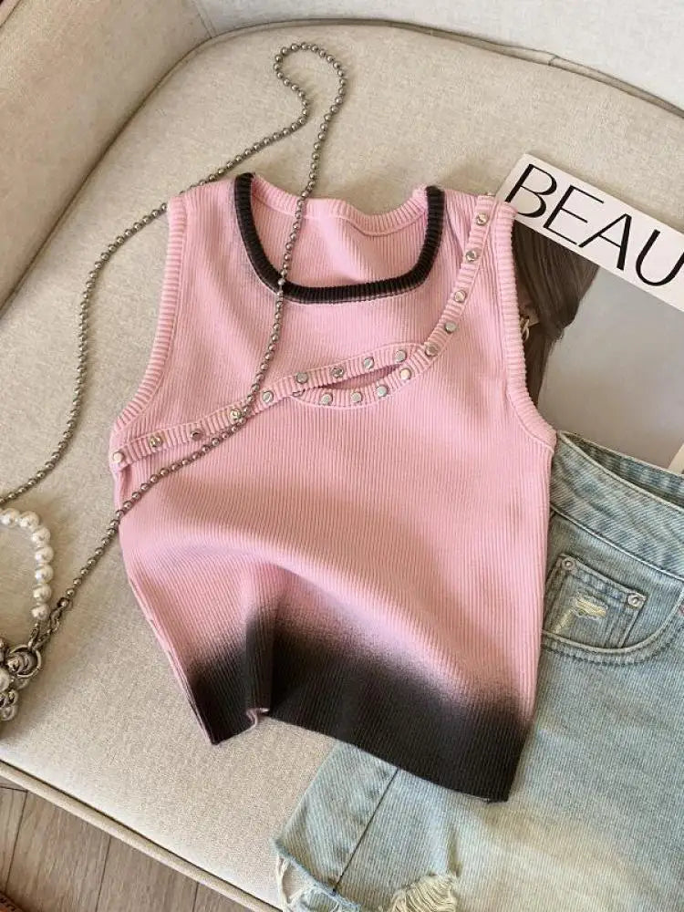 Korean Blue Pink Patchwork Hollow Out Slim Short Knitted Vest Summer Women Round Neck Sleeveless Holiday Pullover Tops 2025 Chic