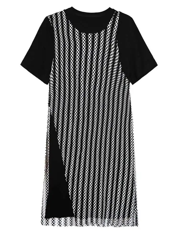 Women Black Irregular Mesh Big Size Casual Midi Dress New Round Neck Short Sleeve Fashion Tide Spring Summer 2025 1DH5415